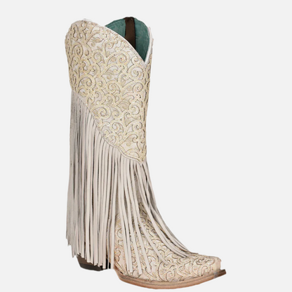 Corral Women's C3955 Lamb Overlay Embroidery and Fringes Western Boots